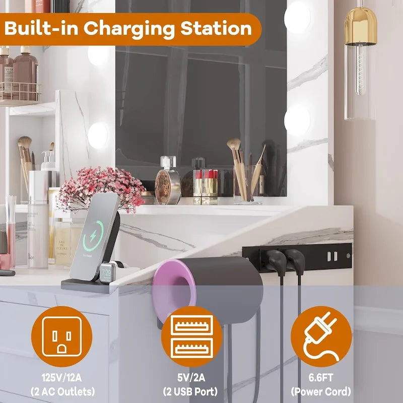 Vanity Desk with Mirror and Lights, Makeup Vanity with Power Outlet & Cushioned Stool