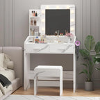 Vanity Desk with Mirror and Lights, Makeup Vanity with Power Outlet & Cushioned Stool