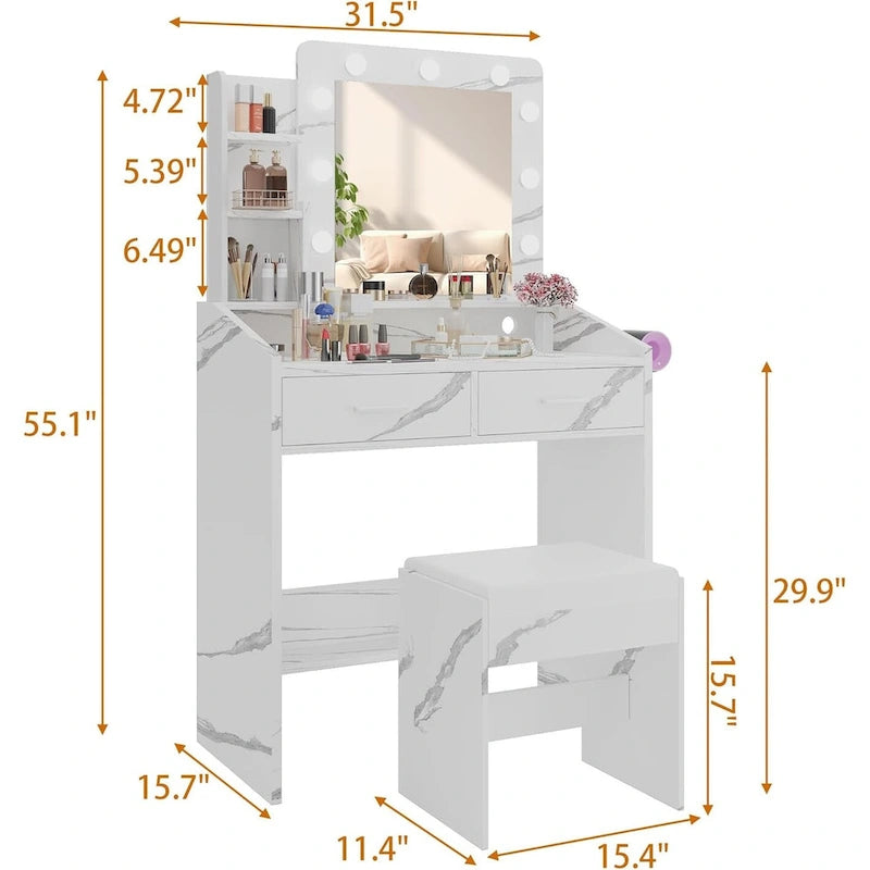 Vanity Desk with Mirror and Lights, Makeup Vanity with Power Outlet & Cushioned Stool