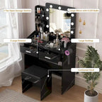 Vanity Desk with Mirror and Lights, Makeup Vanity with Power Outlet & Cushioned Stool