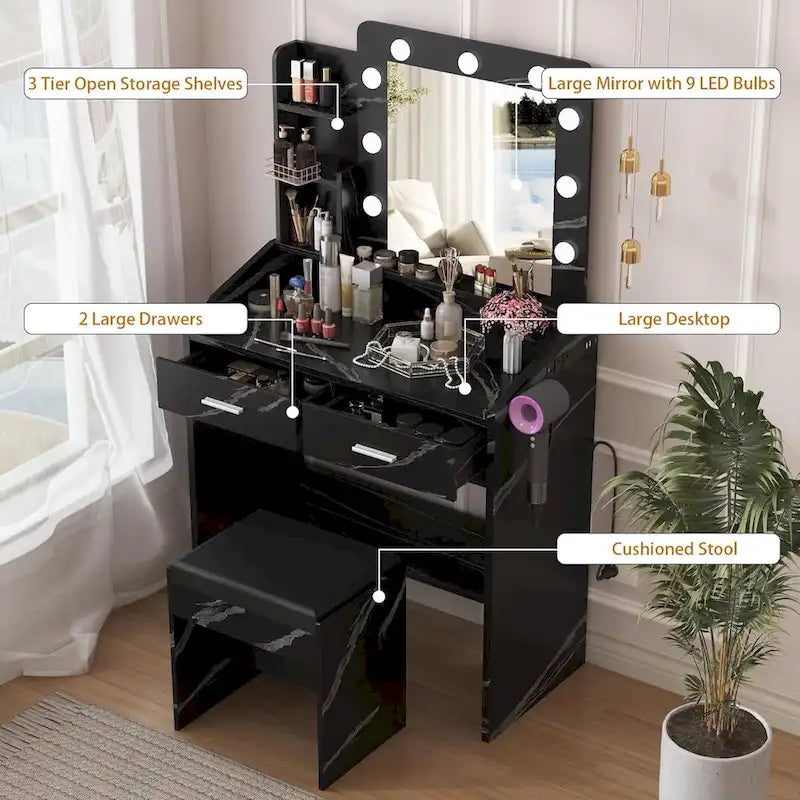 Vanity Desk with Mirror and Lights, Makeup Vanity with Power Outlet & Cushioned Stool