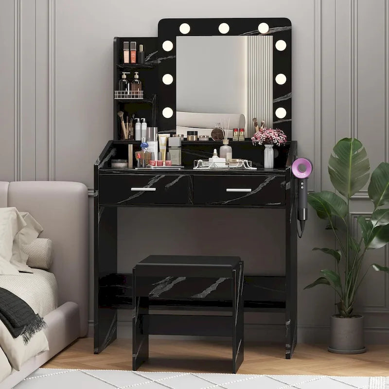 Vanity Desk with Mirror and Lights, Makeup Vanity with Power Outlet & Cushioned Stool