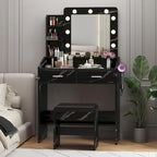 Vanity Desk with Mirror and Lights, Makeup Vanity with Power Outlet & Cushioned Stool