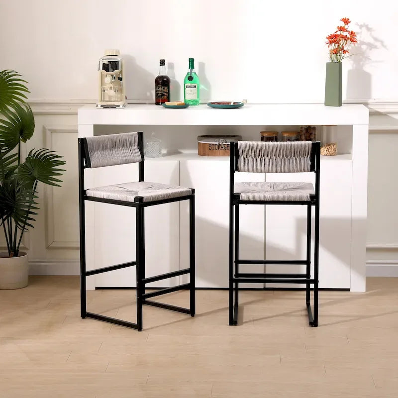 Lot de 2 tabourets de bar, chaises de salle à manger en corde de papier tressée avec dossier, tabourets tressés à la main pour îlot de cuisine, bar et comptoir