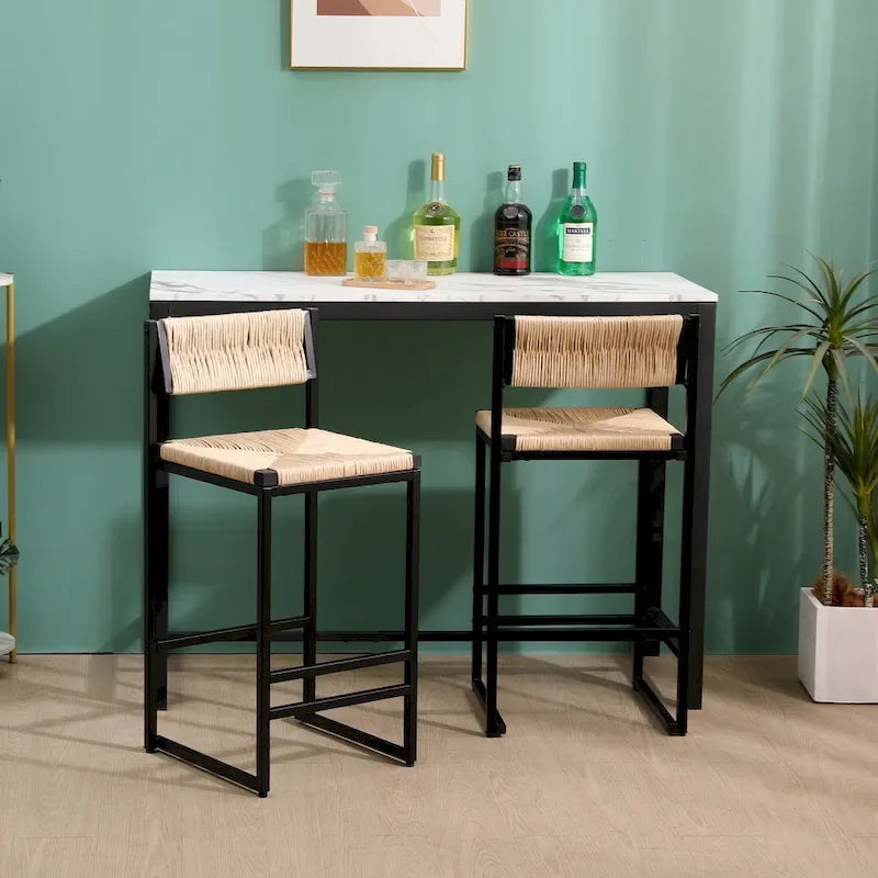 Lot de 2 tabourets de bar, chaises de salle à manger en corde de papier tressée avec dossier, tabourets tressés à la main pour îlot de cuisine, bar et comptoir