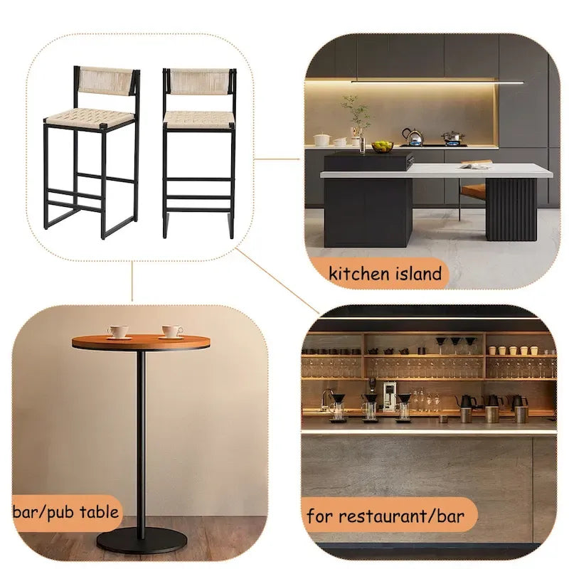 Lot de 2 tabourets de bar, chaises de salle à manger en corde de papier tressée avec dossier, tabourets tressés à la main pour îlot de cuisine, bar et comptoir