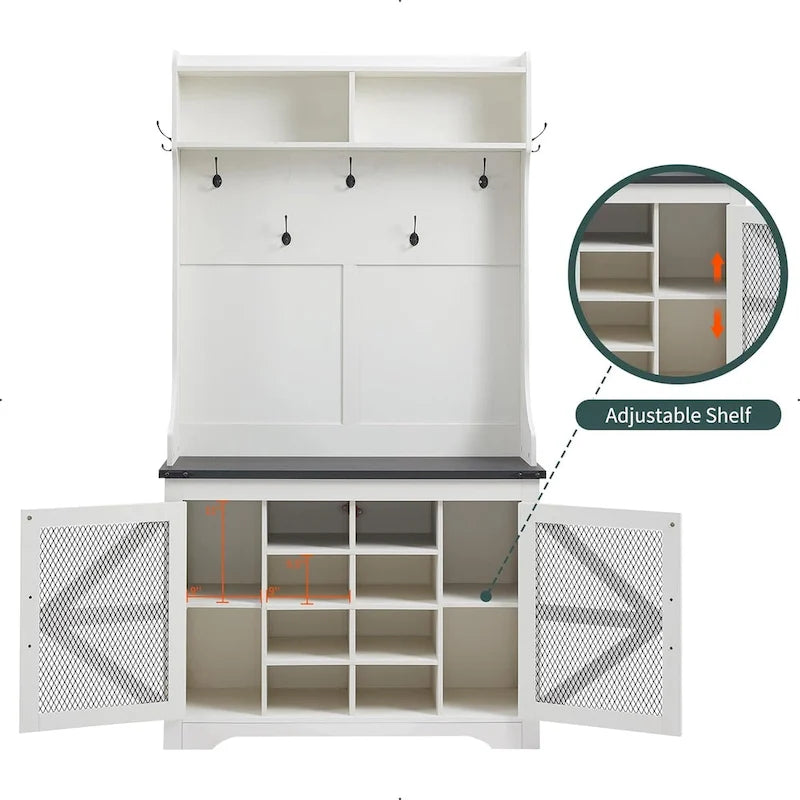 42 Wide Farmhouse Entryway Bench with Coat Rack, Mudroom Cabinet