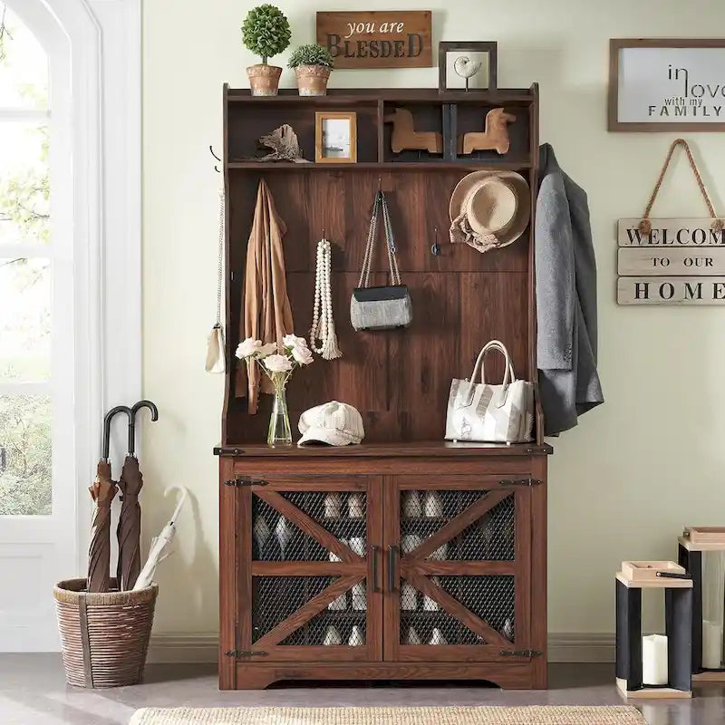 42 Wide Farmhouse Entryway Bench with Coat Rack, Mudroom Cabinet