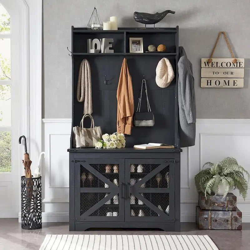 42 Wide Farmhouse Entryway Bench with Coat Rack, Mudroom Cabinet