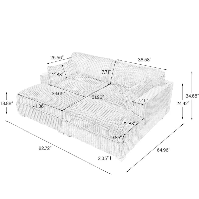 Canapé sectionnel modulaire en velours côtelé moelleux de 208 cm avec méridienne
