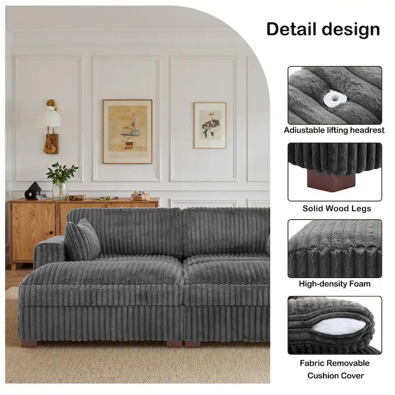 Canapé sectionnel modulaire en velours côtelé moelleux de 208 cm avec méridienne