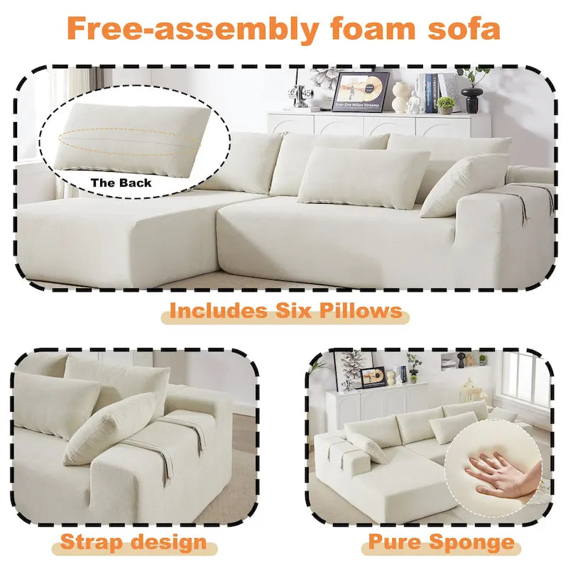 108 Chenille Modular L-Shaped Sectional Sofa with 6 Pillows, Reversible Chaise