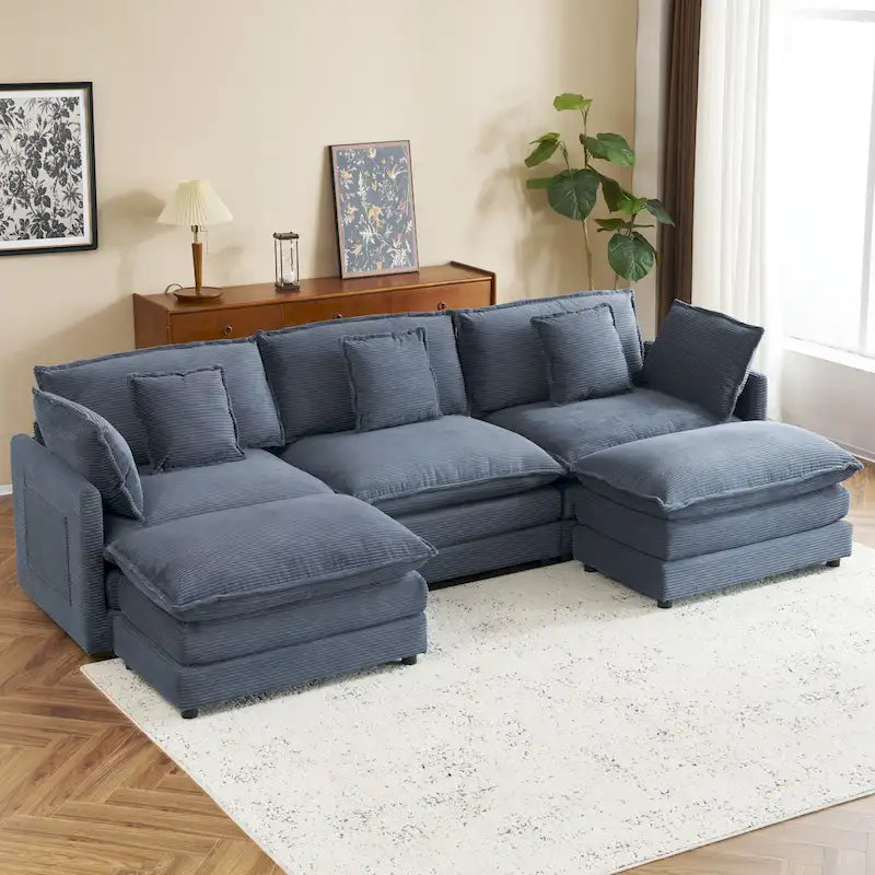 Canapé modulaire, canapé d'angle en velours côtelé avec poches de rangement latérales et pouf mobile