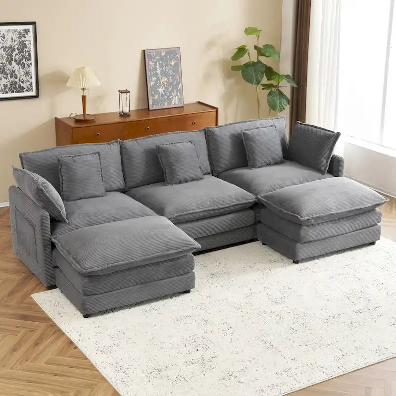 Canapé modulaire, canapé d'angle en velours côtelé avec poches de rangement latérales et pouf mobile