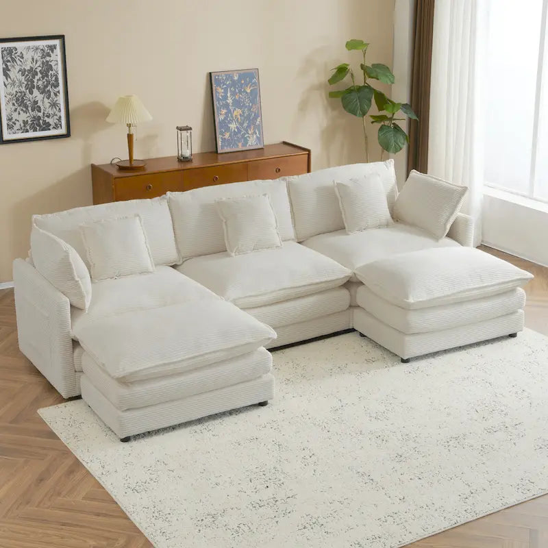 Canapé modulaire, canapé d'angle en velours côtelé avec poches de rangement latérales et pouf mobile