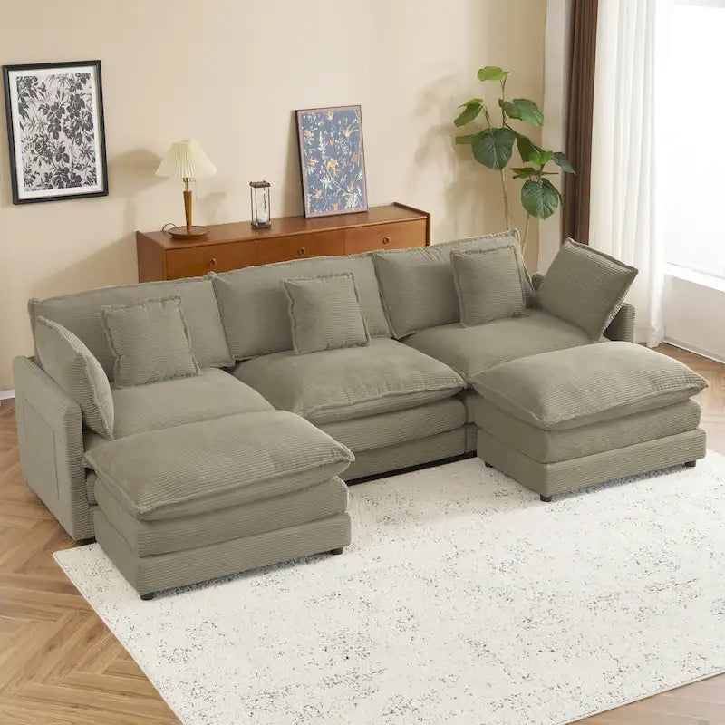 Canapé modulaire, canapé d'angle en velours côtelé avec poches de rangement latérales et pouf mobile
