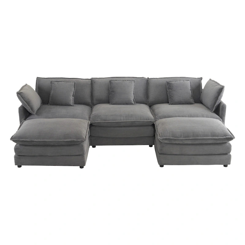 Canapé modulaire, canapé d'angle en velours côtelé avec poches de rangement latérales et pouf mobile