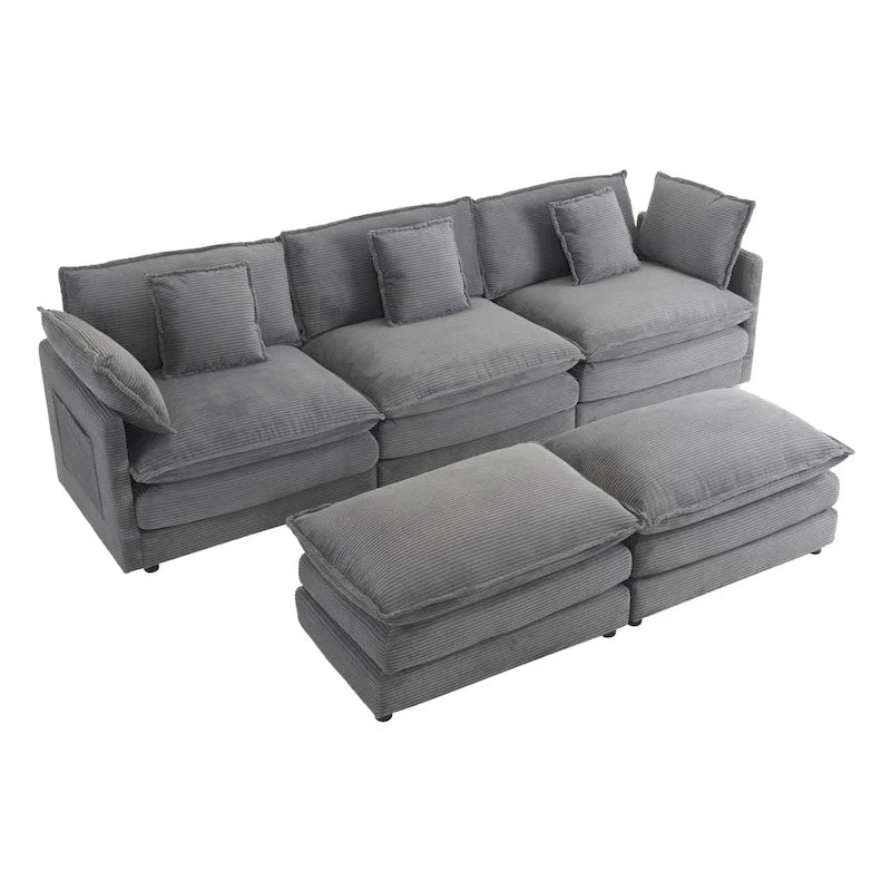 Canapé modulaire, canapé d'angle en velours côtelé avec poches de rangement latérales et pouf mobile