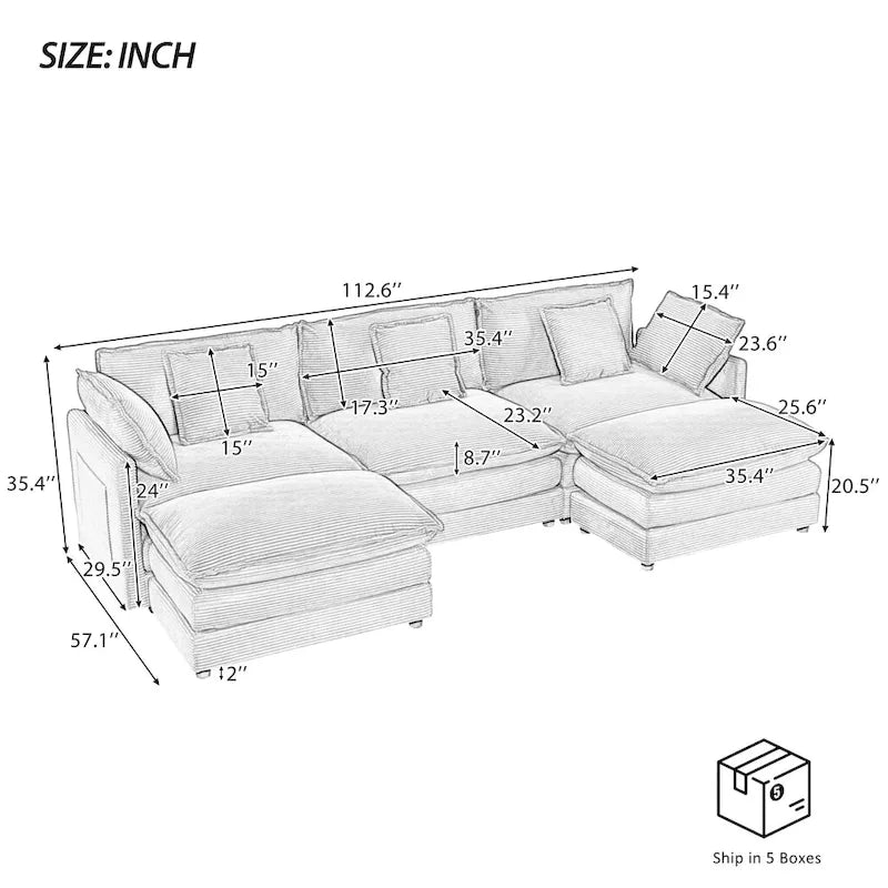 Canapé modulaire, canapé d'angle en velours côtelé avec poches de rangement latérales et pouf mobile