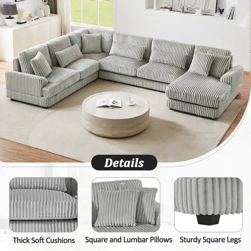 Corduroy Sectional Sofa U-shaped Sofa Couch, Upholstered Deep Seat Sofa with Cushions and Pillows for Living Room