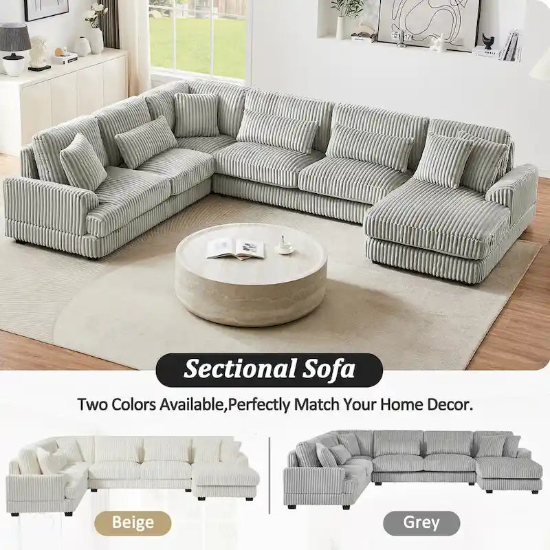 Corduroy Sectional Sofa U-shaped Sofa Couch, Upholstered Deep Seat Sofa with Cushions and Pillows for Living Room