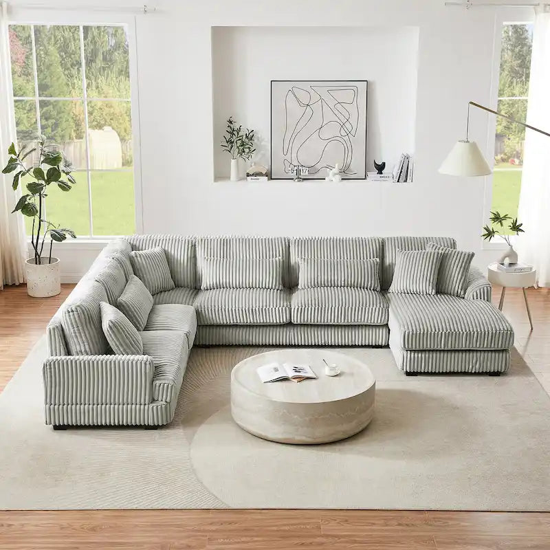 Corduroy Sectional Sofa U-shaped Sofa Couch, Upholstered Deep Seat Sofa with Cushions and Pillows for Living Room