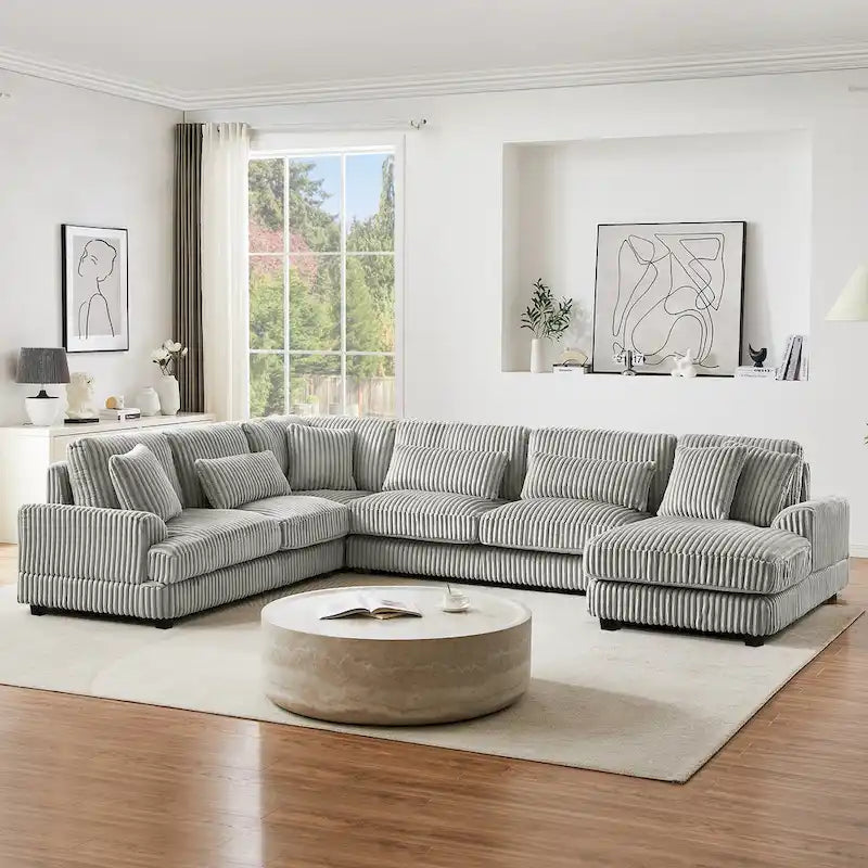 Corduroy Sectional Sofa U-shaped Sofa Couch, Upholstered Deep Seat Sofa with Cushions and Pillows for Living Room