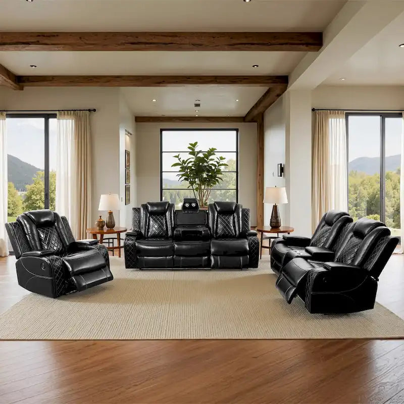 Modern 3-Piece Leather Recliner Sofa Set with LED, Wireless Charging