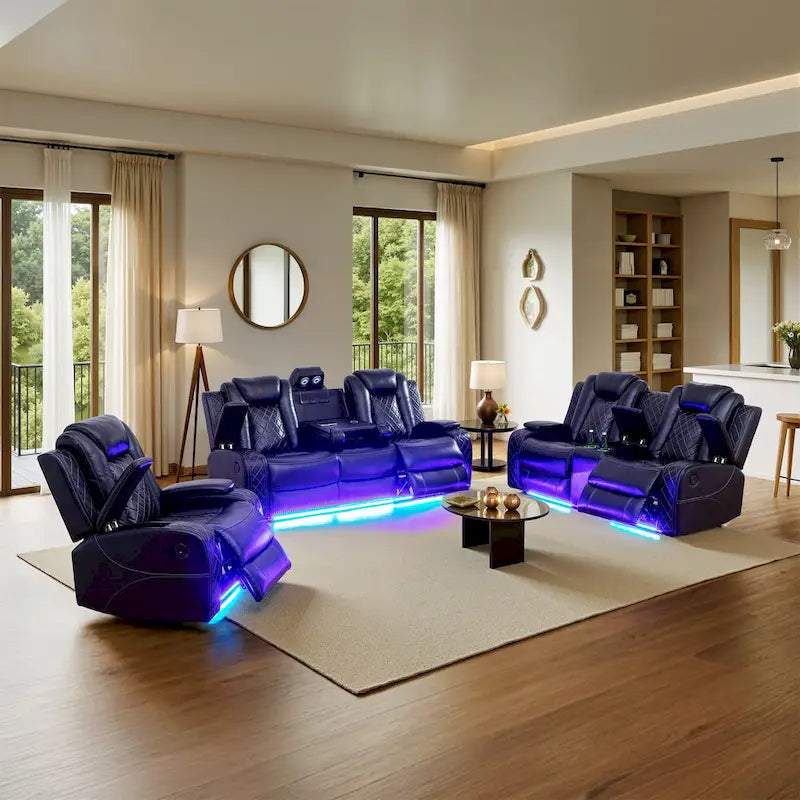 Modern 3-Piece Leather Recliner Sofa Set with LED, Wireless Charging