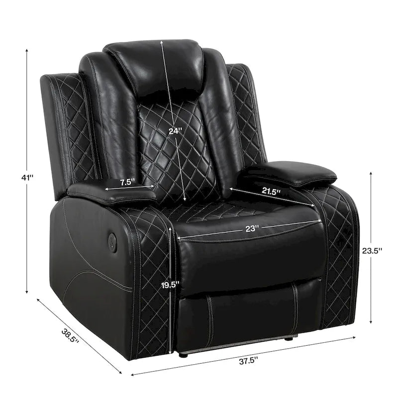 Modern 3-Piece Leather Recliner Sofa Set with LED, Wireless Charging