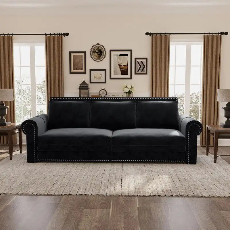 3-in-1 King Pull Out Sofa Bed Chesterfield Sofa, Velvet/Faux Leather Convertible Sleeper Sofa with Nailhead Trim & Rolled Arm