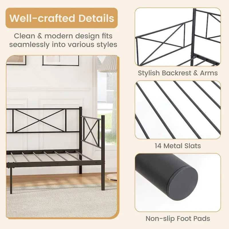 Gymax Twin Size Metal Daybed Modern Platform Bed w/ Heavy-duty Metal