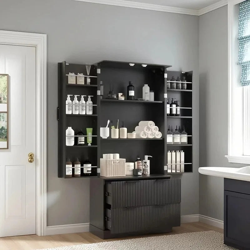 Meuble de Rangement pour Salle de Bain Style Ferme avec 2 Grands Tiroirs, Étagère à 8 Portes et 3 Tablettes