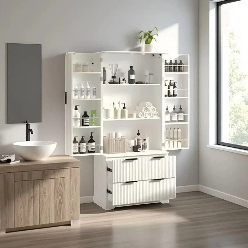 Meuble de Rangement pour Salle de Bain Style Ferme avec 2 Grands Tiroirs, Étagère à 8 Portes et 3 Tablettes