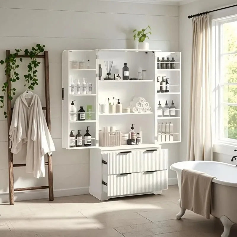 Meuble de Rangement pour Salle de Bain Style Ferme avec 2 Grands Tiroirs, Étagère à 8 Portes et 3 Tablettes