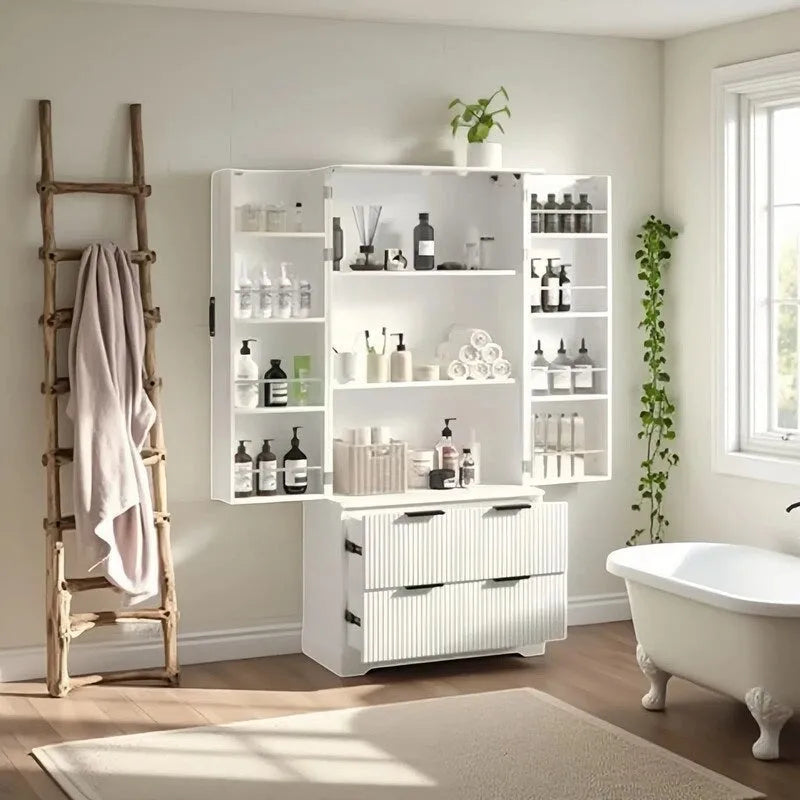 Meuble de Rangement pour Salle de Bain Style Ferme avec 2 Grands Tiroirs, Étagère à 8 Portes et 3 Tablettes