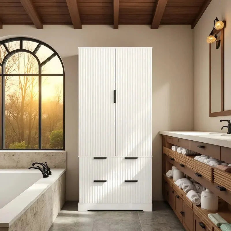 Meuble de Rangement pour Salle de Bain Style Ferme avec 2 Grands Tiroirs, Étagère à 8 Portes et 3 Tablettes