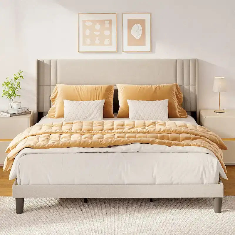 Twin/Full/Queen/King Bed Frame with Wingback Headboard, Upholstered Platform Bed