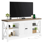 Meuble TV pour téléviseur 65/60/55 avec prises électriques Blanc et beige - 58 pouces