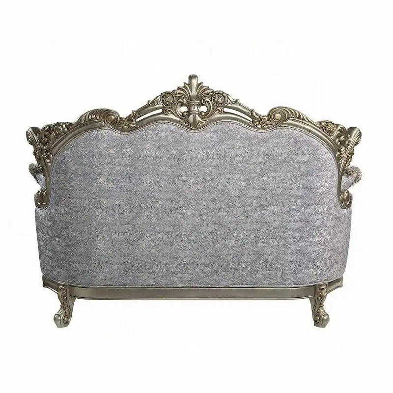 Royale Loveseat, 3 Pillows, Gray Fabric, Antique Bronze Wood, 73 Inch