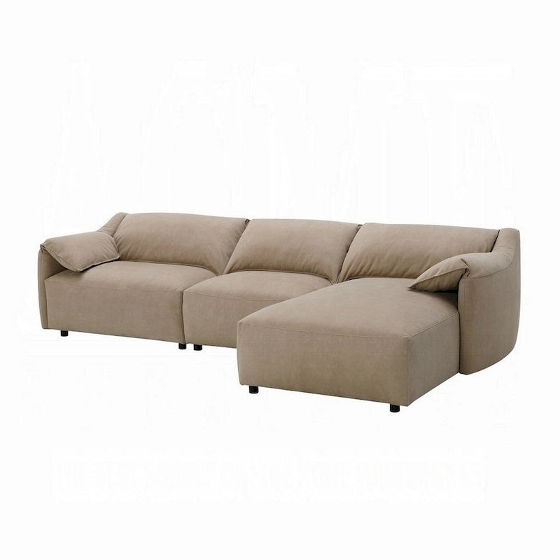 Vety L Shaped Sectional Sofa, Pillow Arm, Light Brown Nubuck Leather