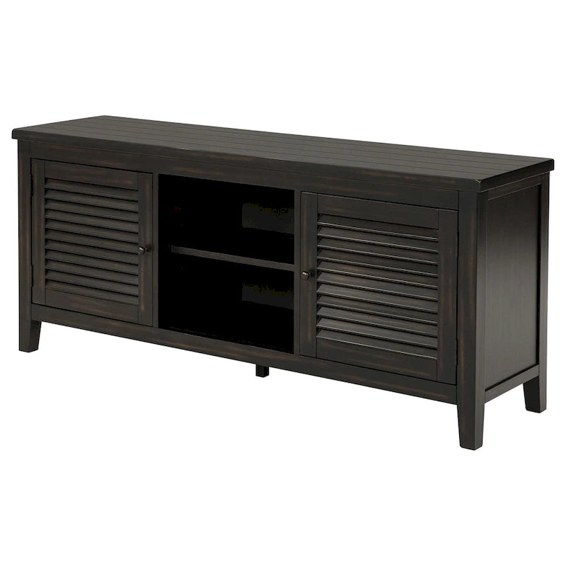 Meuble TV Coni, 2 portes et étagères, bois noir 60 pouces