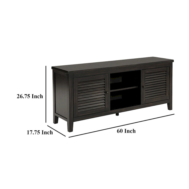 Meuble TV Coni, 2 portes et étagères, bois noir 60 pouces