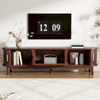 Meuble TV moderne marron foncé pour téléviseurs 75 pouces, console TV en bois massif avec armoire de rangement, centre de divertissement