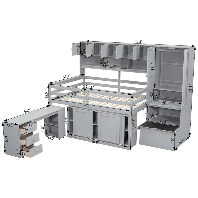 Full Size Wooden Loft Bed Big Storage with Under-Bed Desk, with Drawers, with Shelves, White