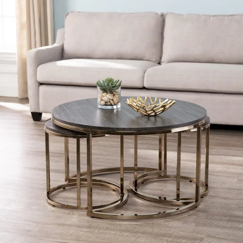 Lot de 2 tables basses gigognes rondes effet miroir pour salon - 32 x 32 x 17
