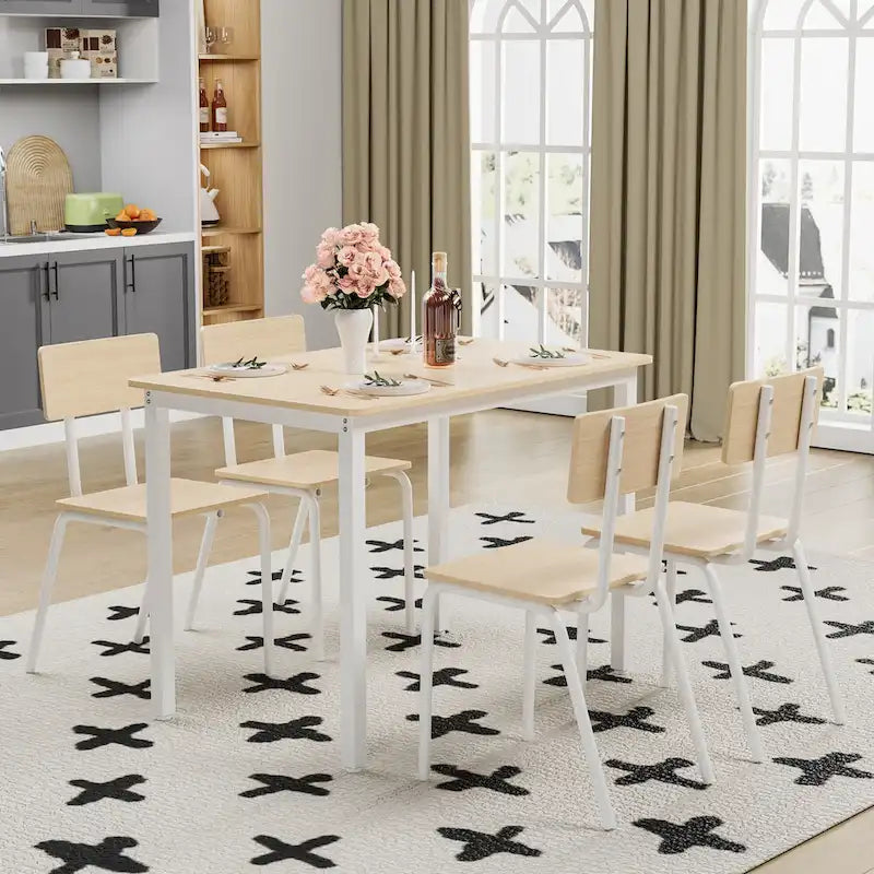 Ensemble de table à manger et 4 chaises, table de petit-déjeuner à cadre métallique, ensemble de salle à manger décontracté et moderne 5 pièces