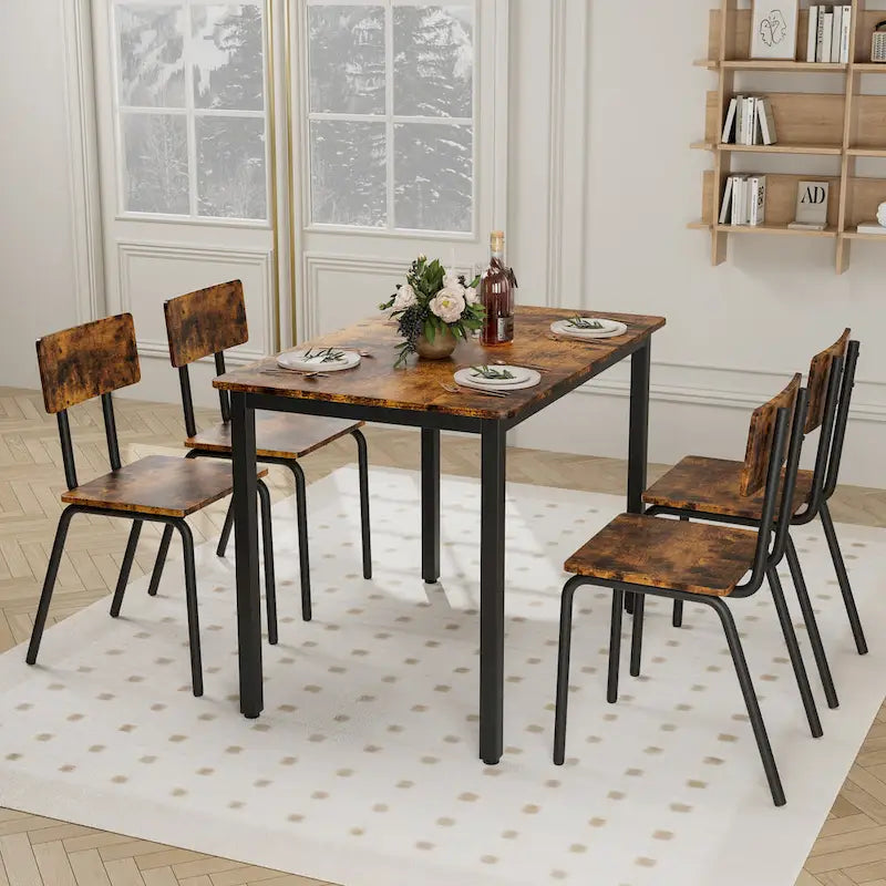 Ensemble de table à manger et 4 chaises, table de petit-déjeuner à cadre métallique, ensemble de salle à manger décontracté et moderne 5 pièces