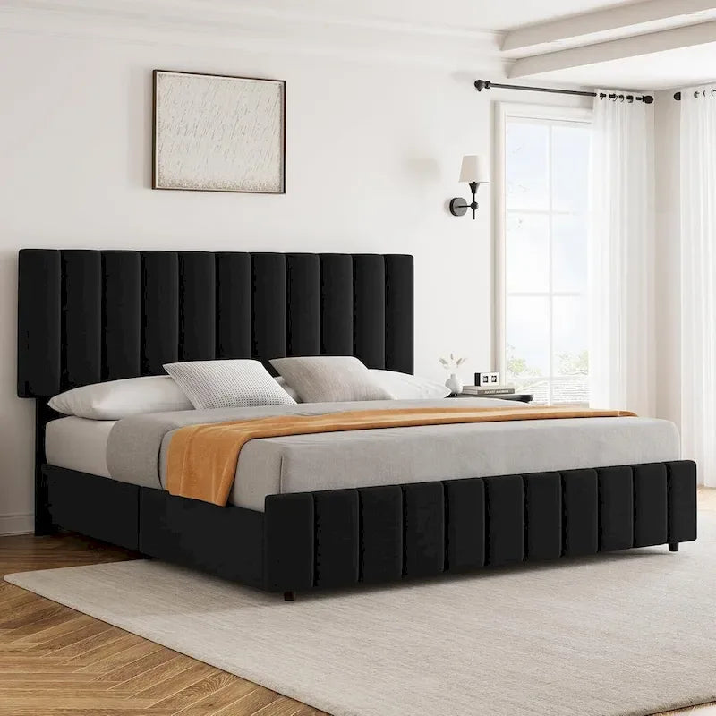 Bed Frame with 4 Storage Drawers and Adjustable Headboard, No Box Spring Needed