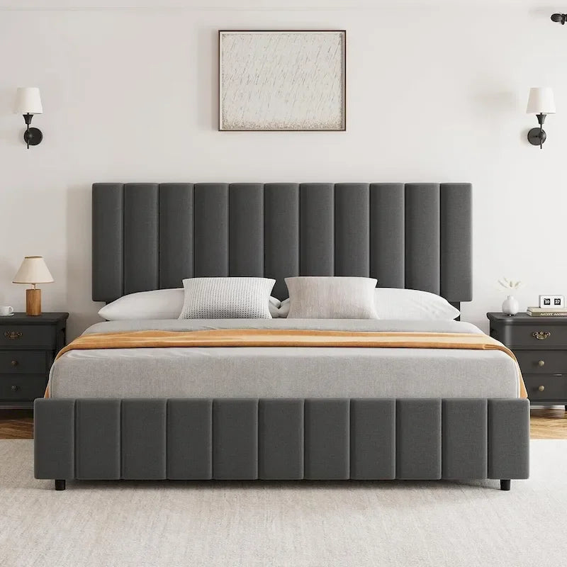 Bed Frame with 4 Storage Drawers and Adjustable Headboard, No Box Spring Needed